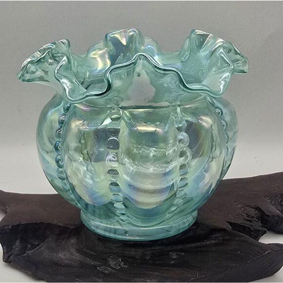 Fenton Opalescent Optic Sea Mist Green 5" Beaded Melon Vase Iridescent Ruffled - Picture 1 of 16